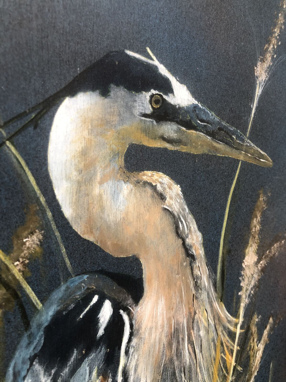 Heron in the reeds, acrylics on board